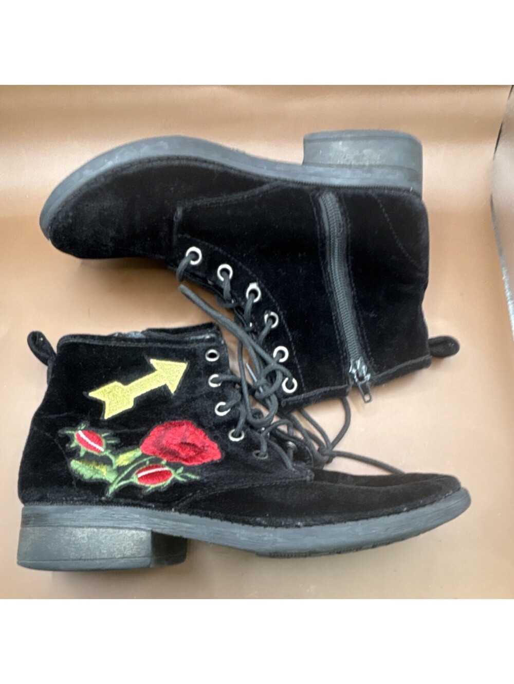 SM New York Black Velvet Women's Ankle Boots with Embroiderd